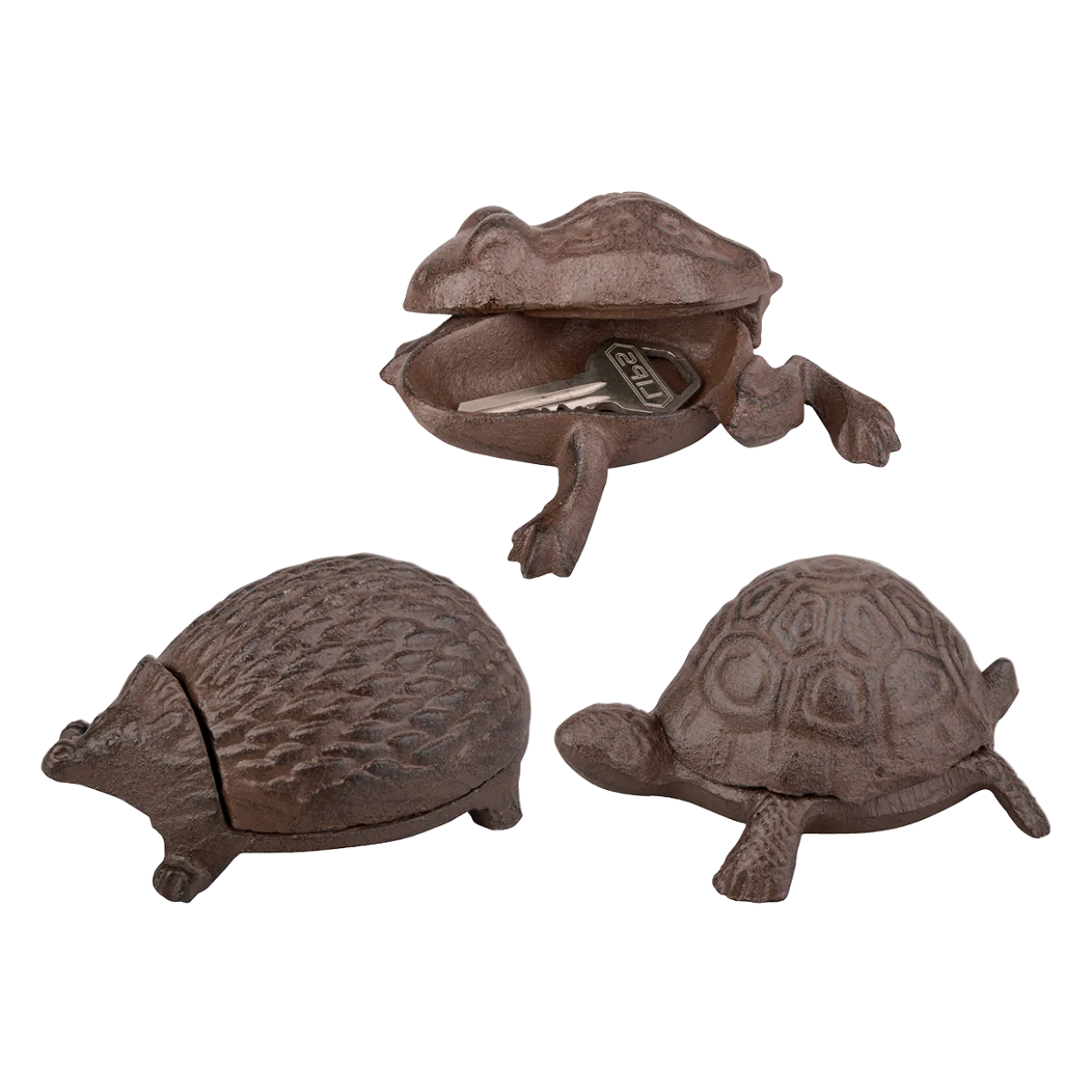 Animal Key Keepers, Turtle/Hedgehog/Frog - Cast Iron, Antique Brown - Set of 3