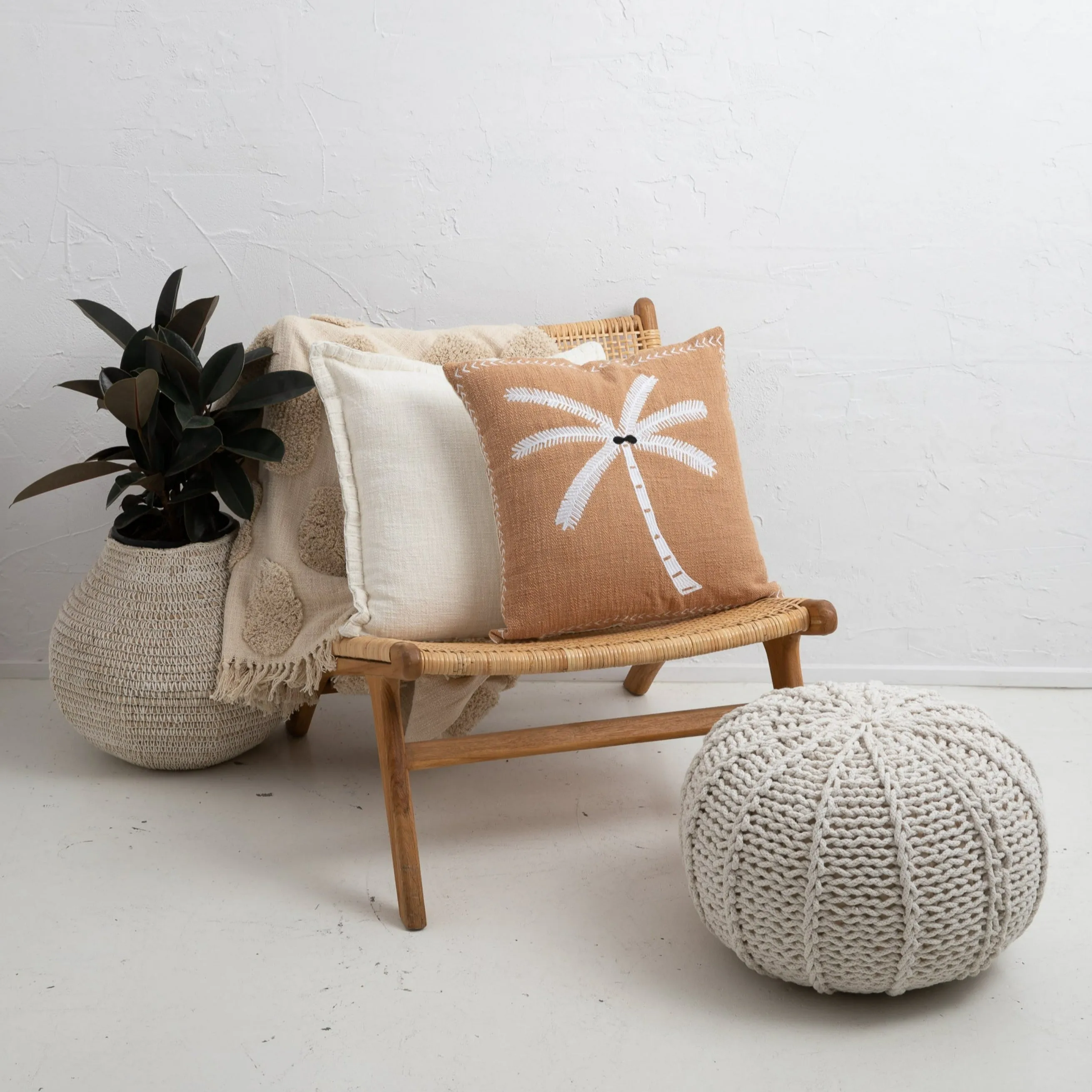 Balmy Palm Cushion - Tan   White