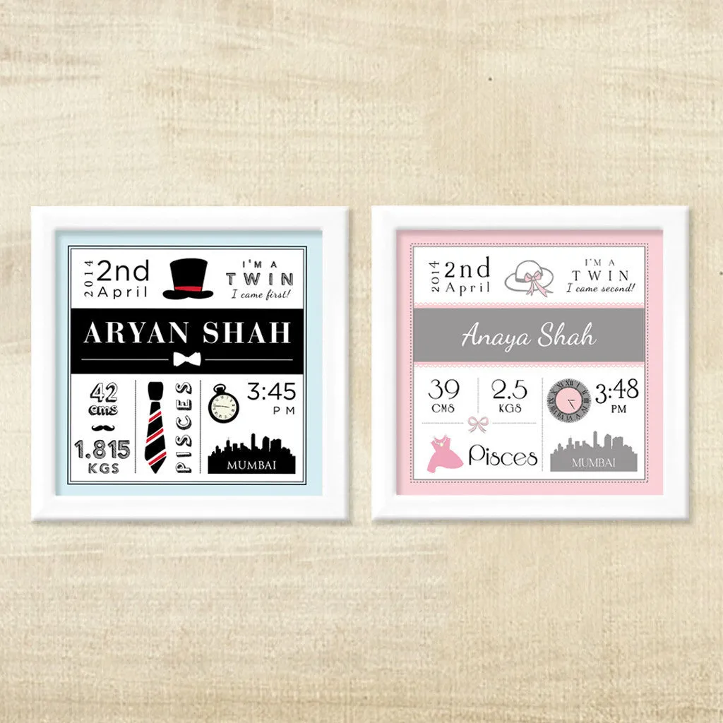 Birth Statisics Frames for Twins, Set of 2