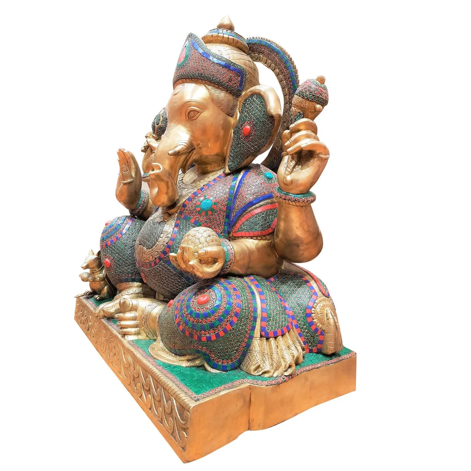 Brass Ganesha Sitting With Stone Work 32 In