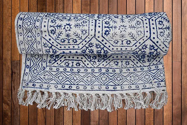 Handmade Beautiful Blue Block Print Cotton Dari Carpet Spirit