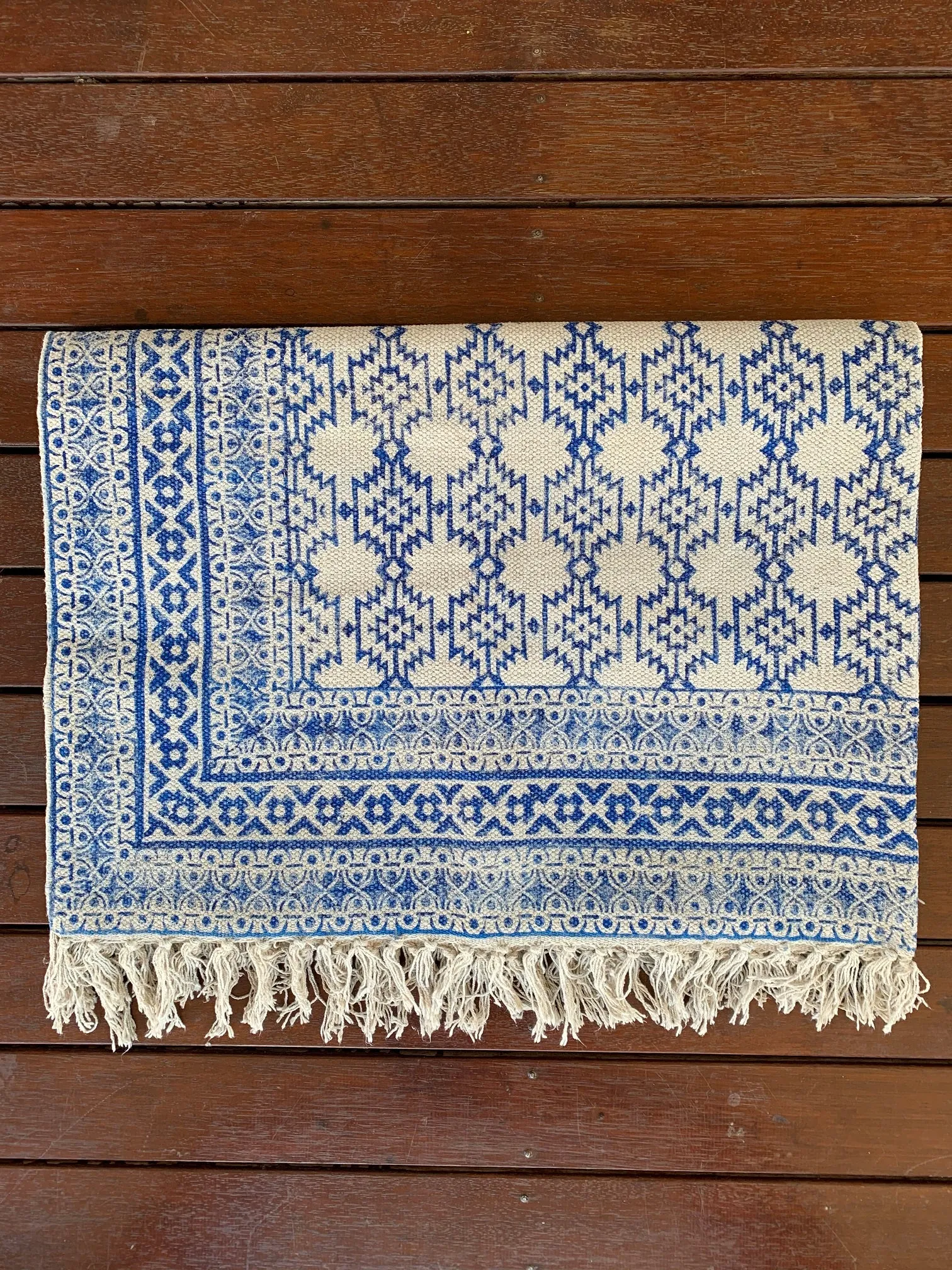Handmade Beautiful Blue Block Print Cotton Dari Carpet Spirit