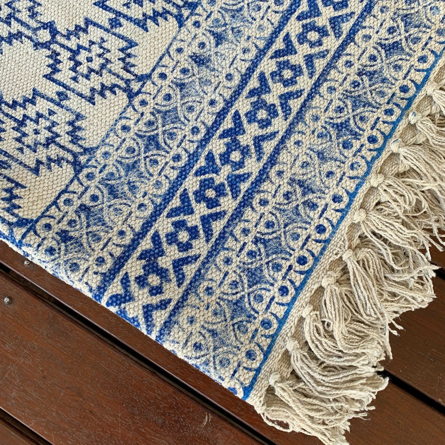 Handmade Beautiful Blue Block Print Cotton Dari Carpet Spirit