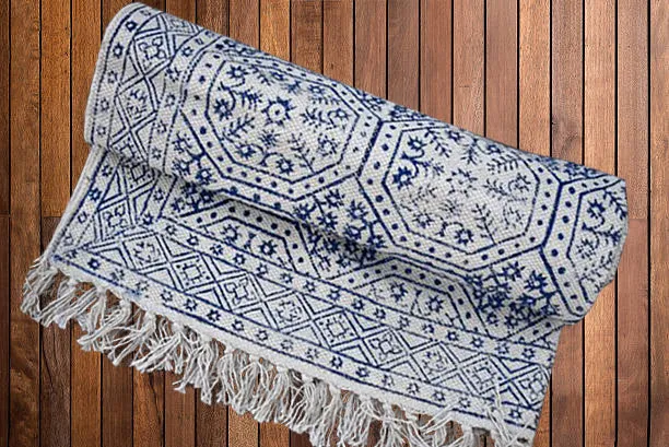 Handmade Beautiful Blue Block Print Cotton Dari Carpet Spirit