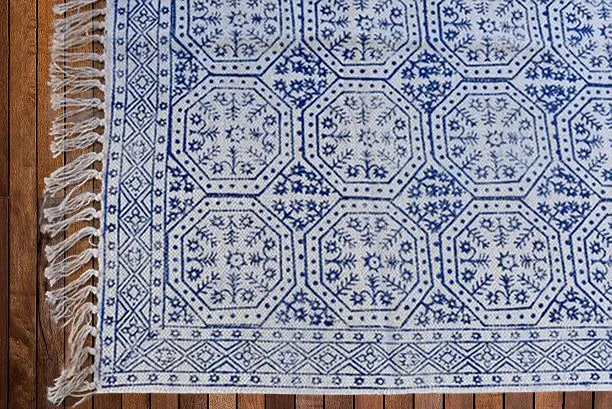 Handmade Beautiful Blue Block Print Cotton Dari Carpet Spirit