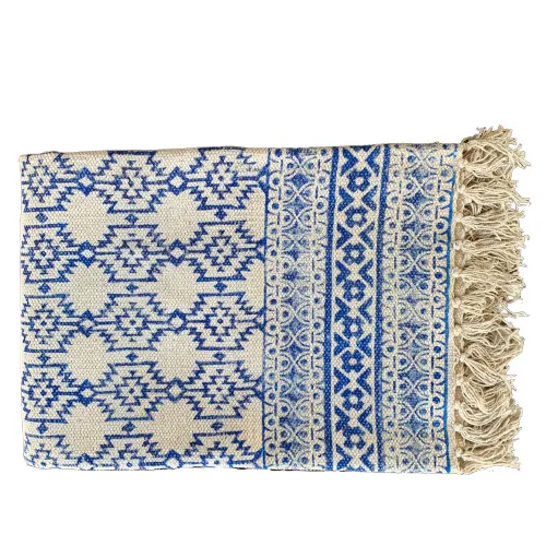 Handmade Beautiful Blue Block Print Cotton Dari Carpet Spirit