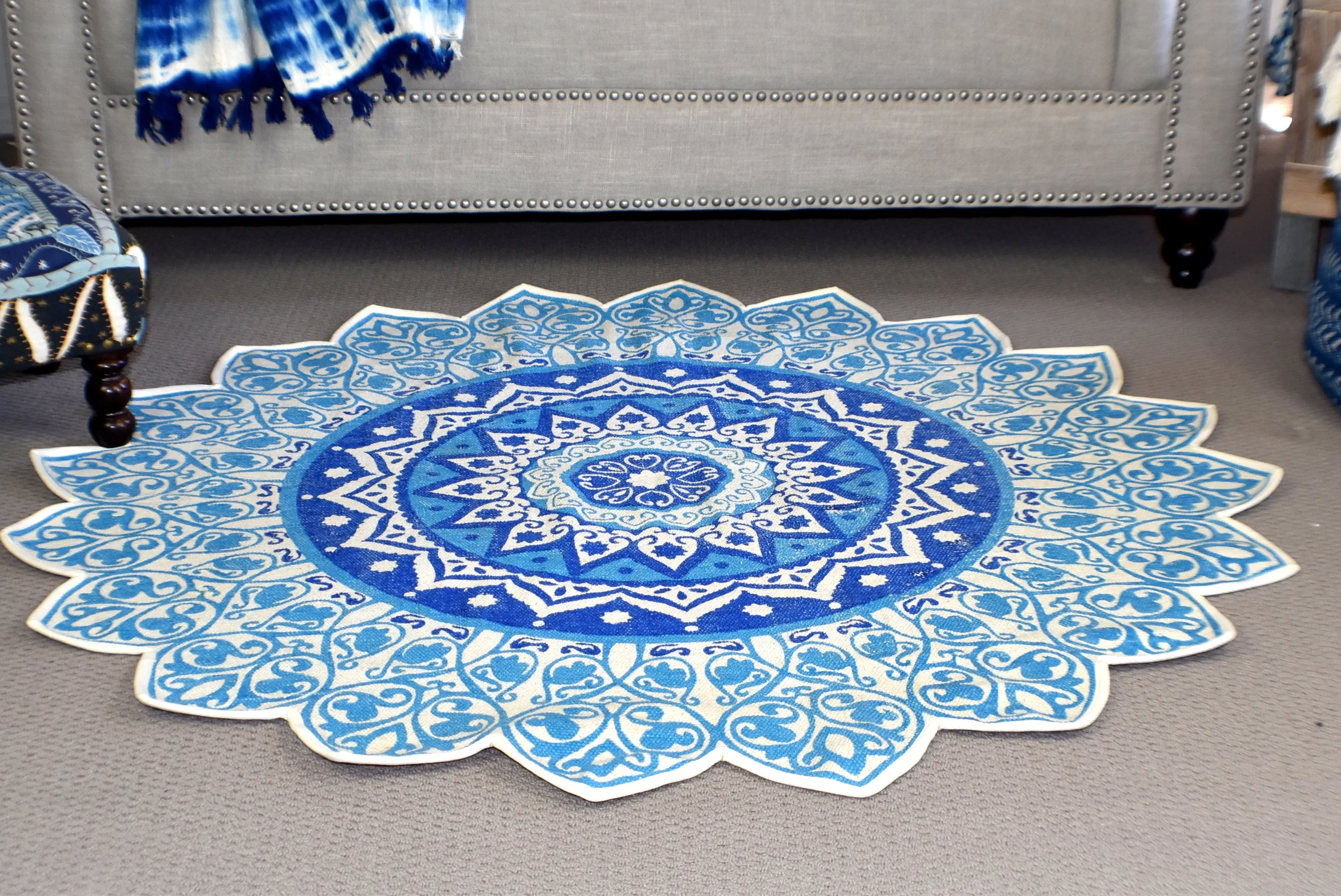 Handmade Blue Mandala Block Print Cotton Dhurrie Carpet Rug