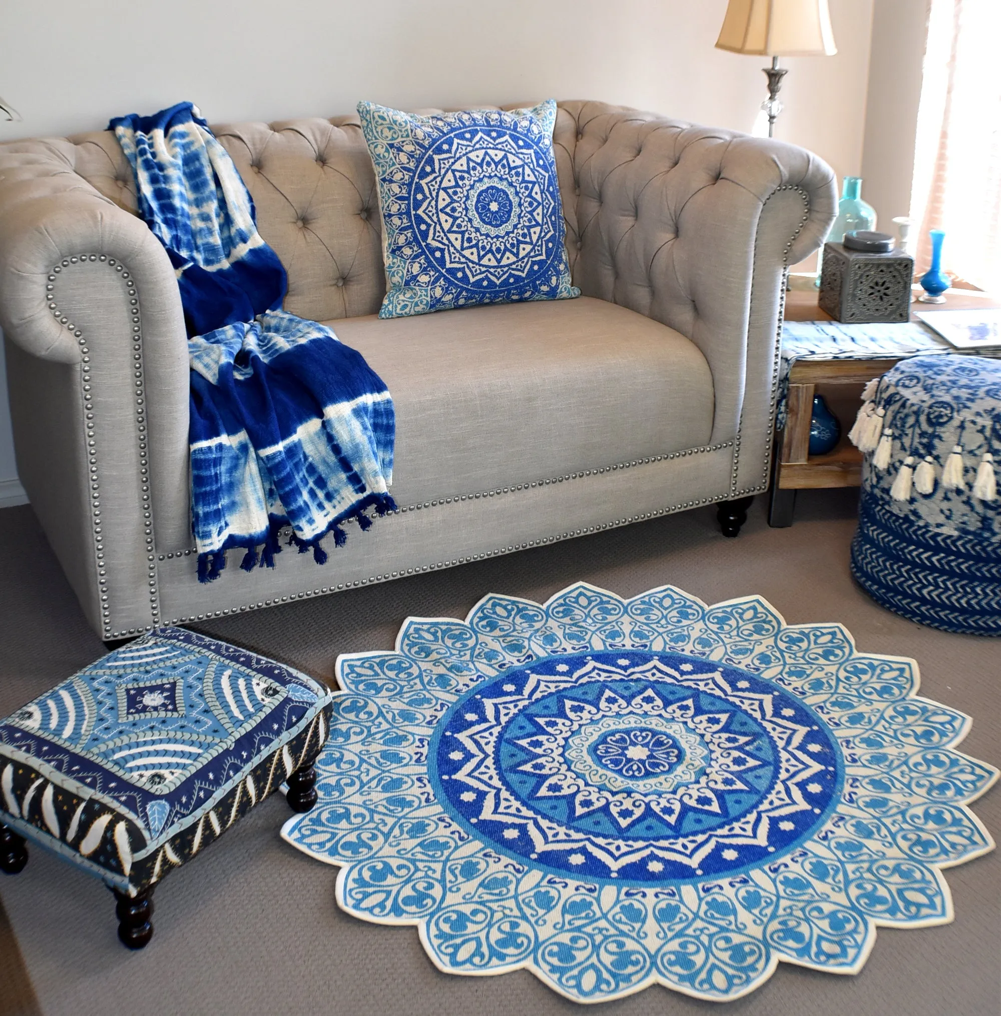 Handmade Blue Mandala Block Print Cotton Dhurrie Carpet Rug