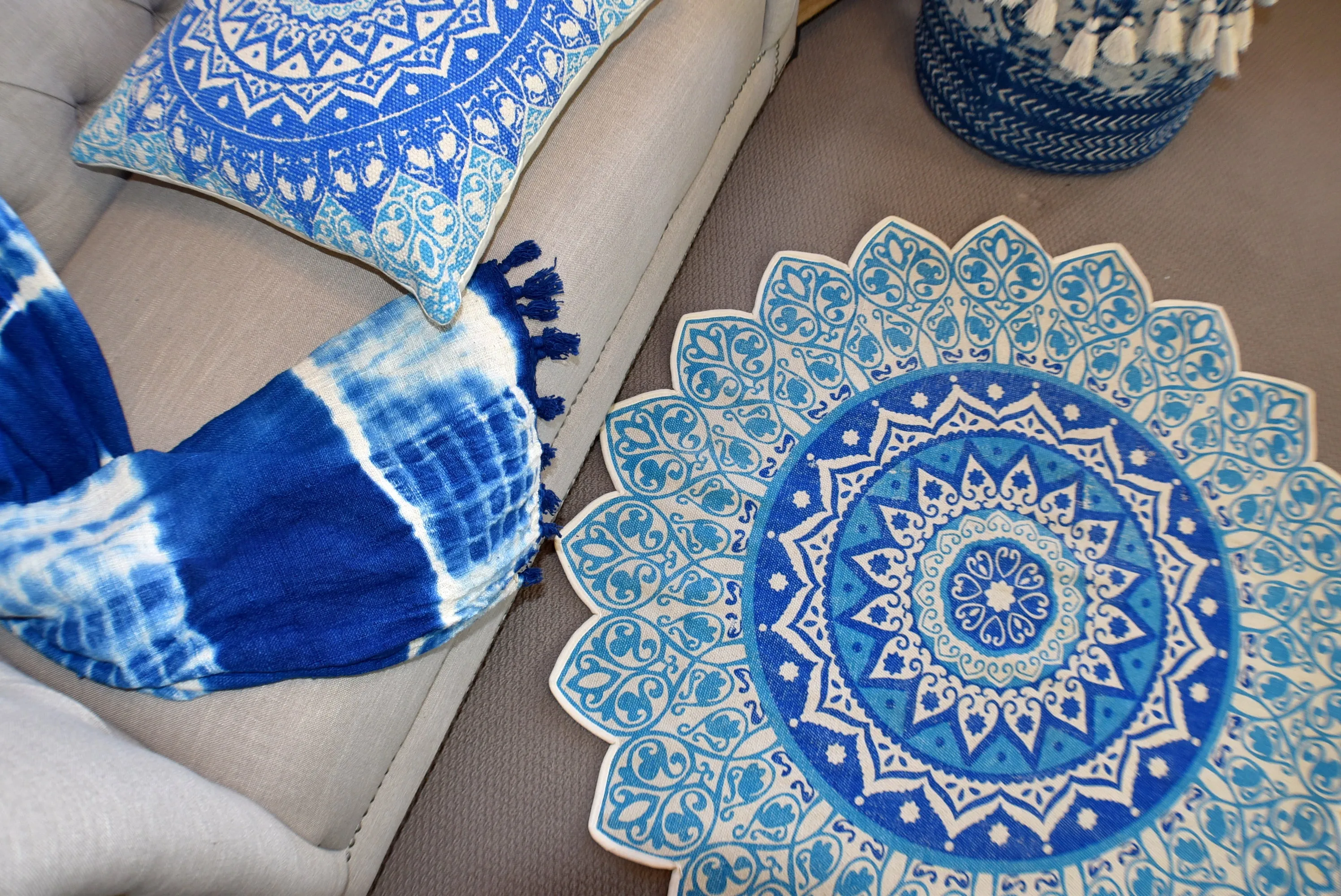 Handmade Blue Mandala Block Print Cotton Dhurrie Carpet Rug