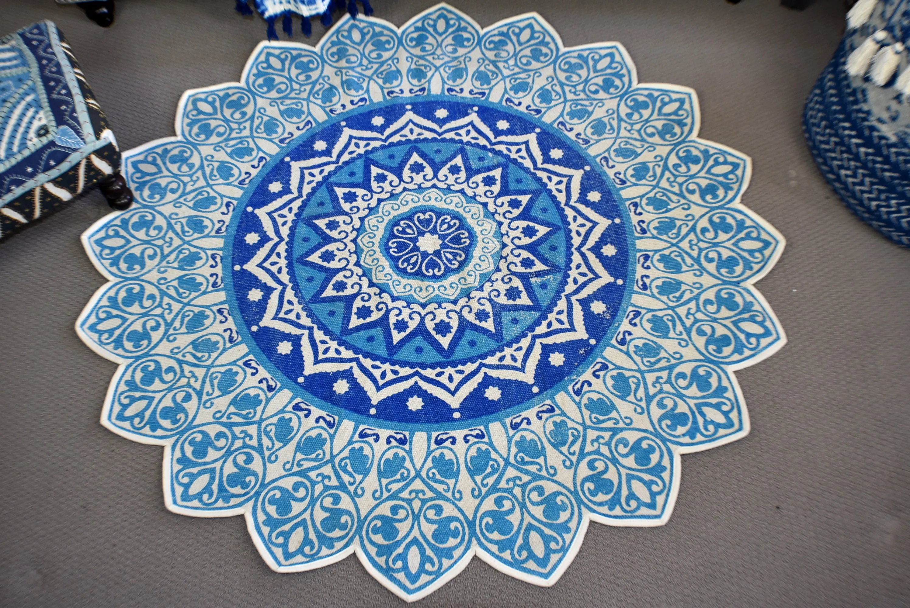Handmade Blue Mandala Block Print Cotton Dhurrie Carpet Rug