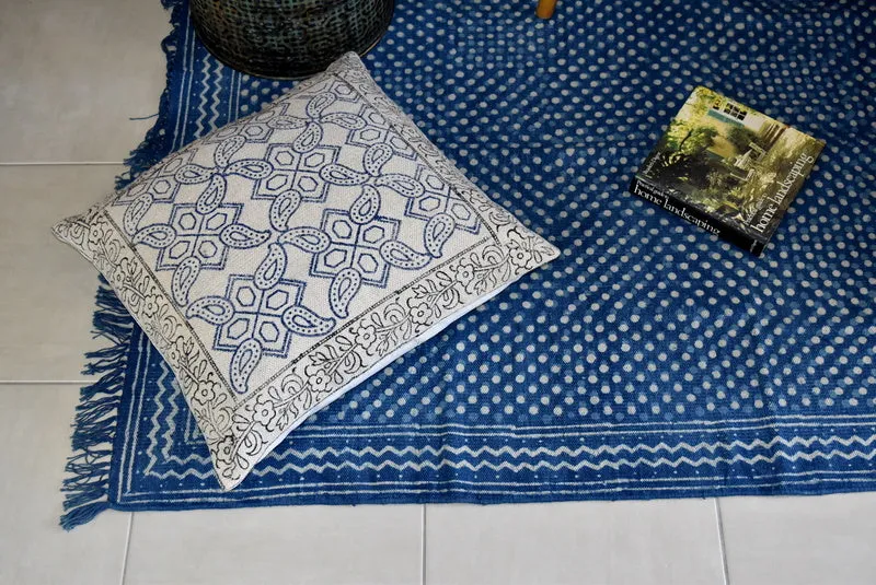 Handmade Geometrical Block Print Polka Dot Indigo Cotton Dhurrie Carpet
