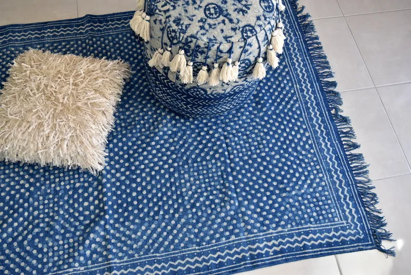 Handmade Geometrical Block Print Polka Dot Indigo Cotton Dhurrie Carpet