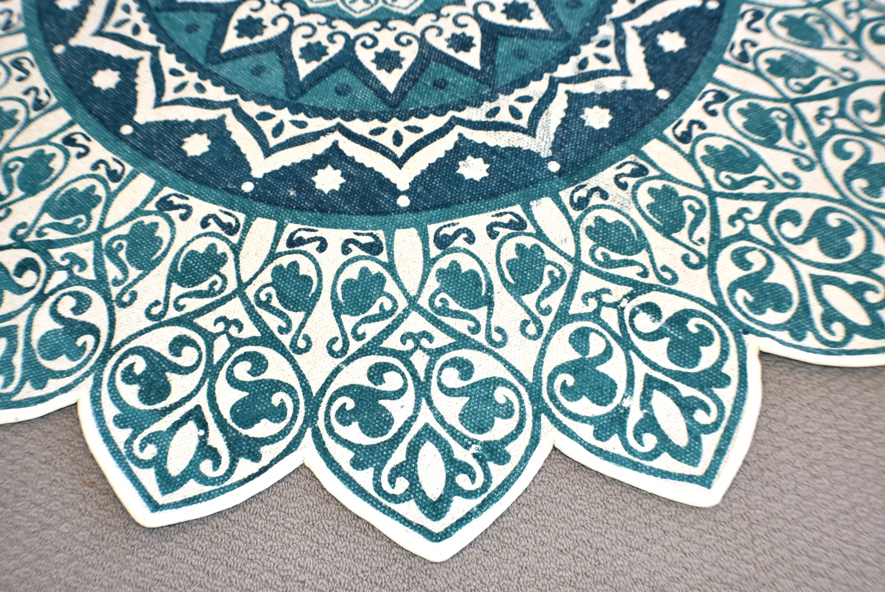 Handmade Green Turquoise Mandala Block Print Cotton Dhurrie Carpet Rug