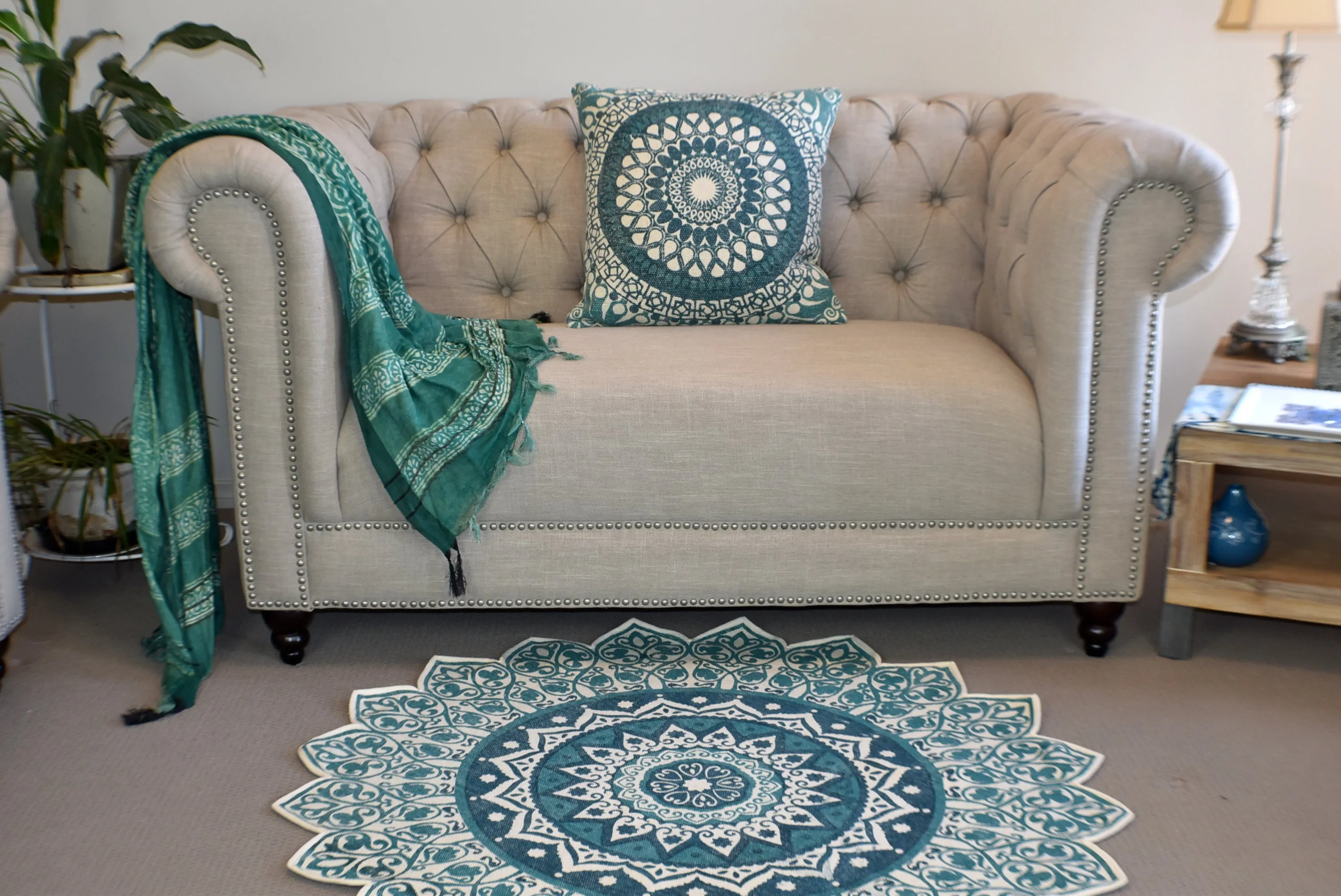 Handmade Green Turquoise Mandala Block Print Cotton Dhurrie Carpet Rug