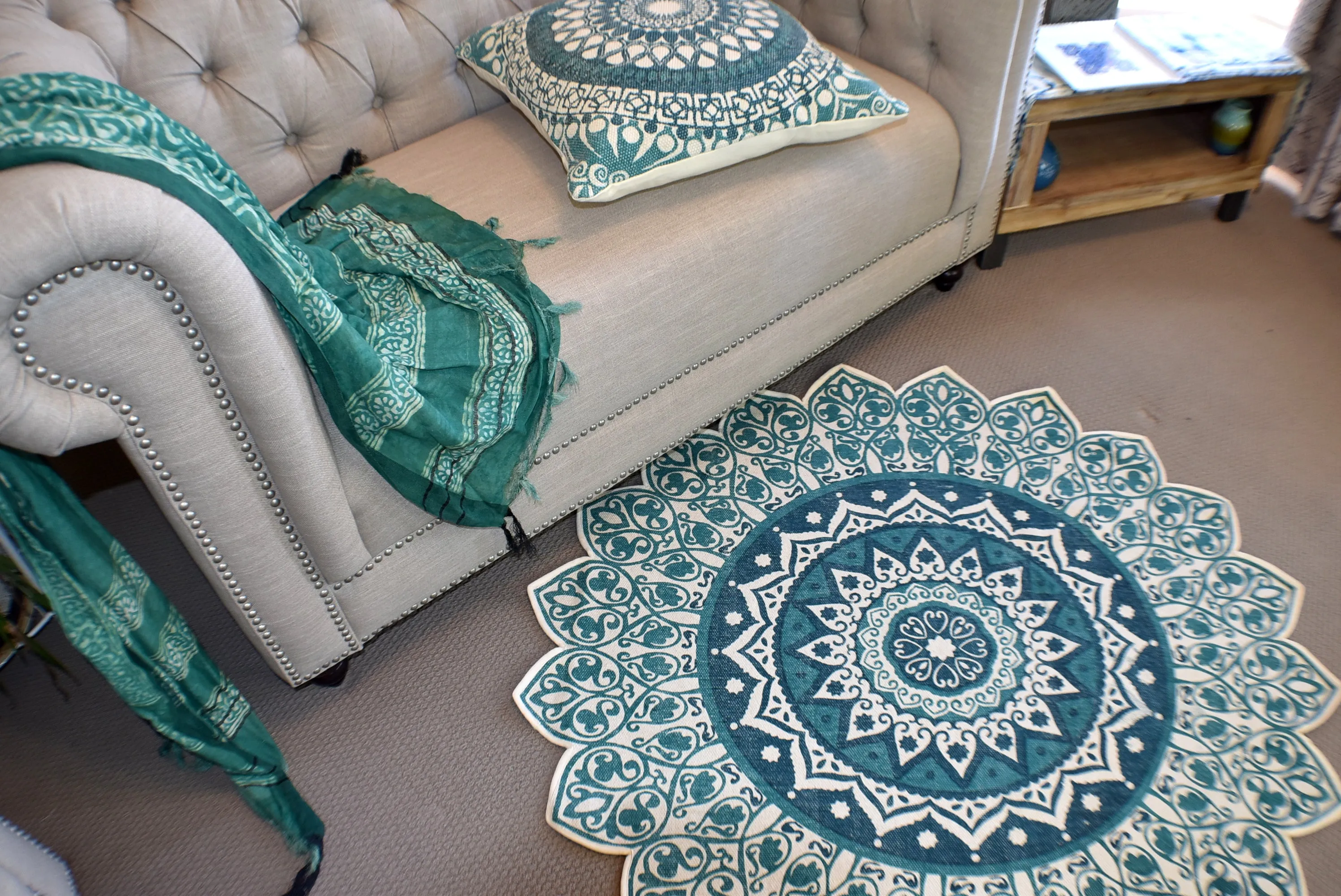 Handmade Green Turquoise Mandala Block Print Cotton Dhurrie Carpet Rug