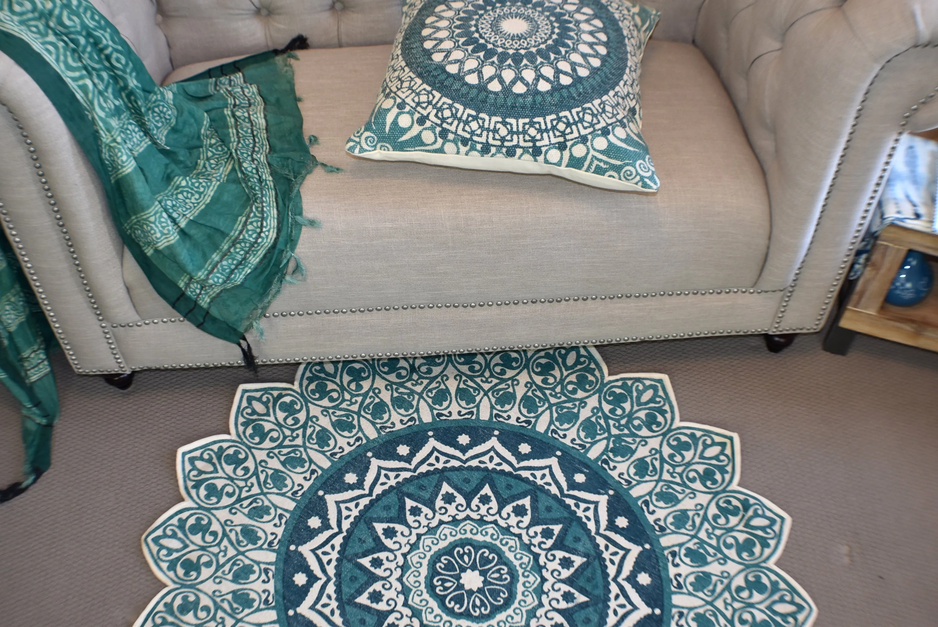 Handmade Green Turquoise Mandala Block Print Cotton Dhurrie Carpet Rug