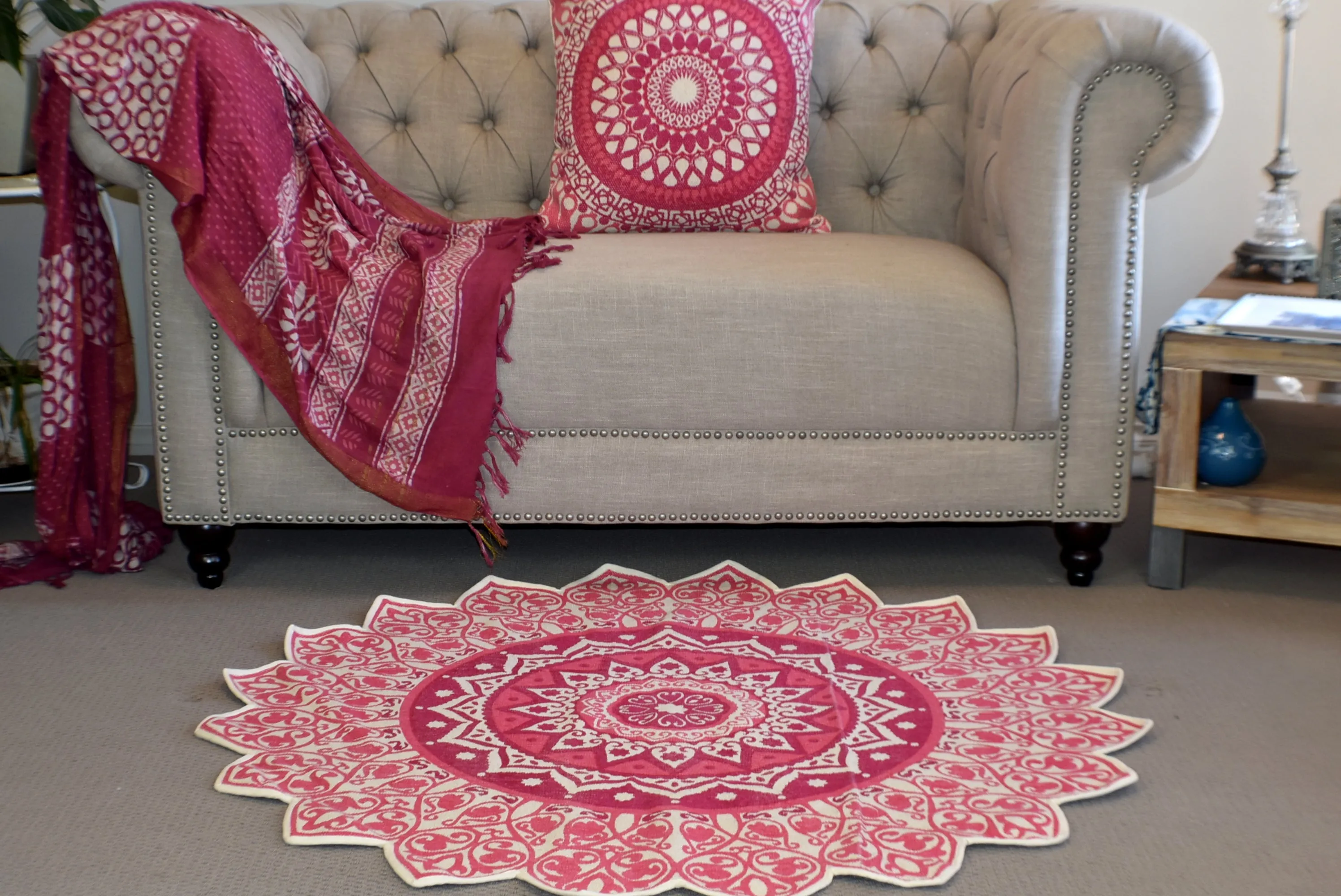Handmade Pink Mandala Block Print Cotton Dhurrie Carpet Rug