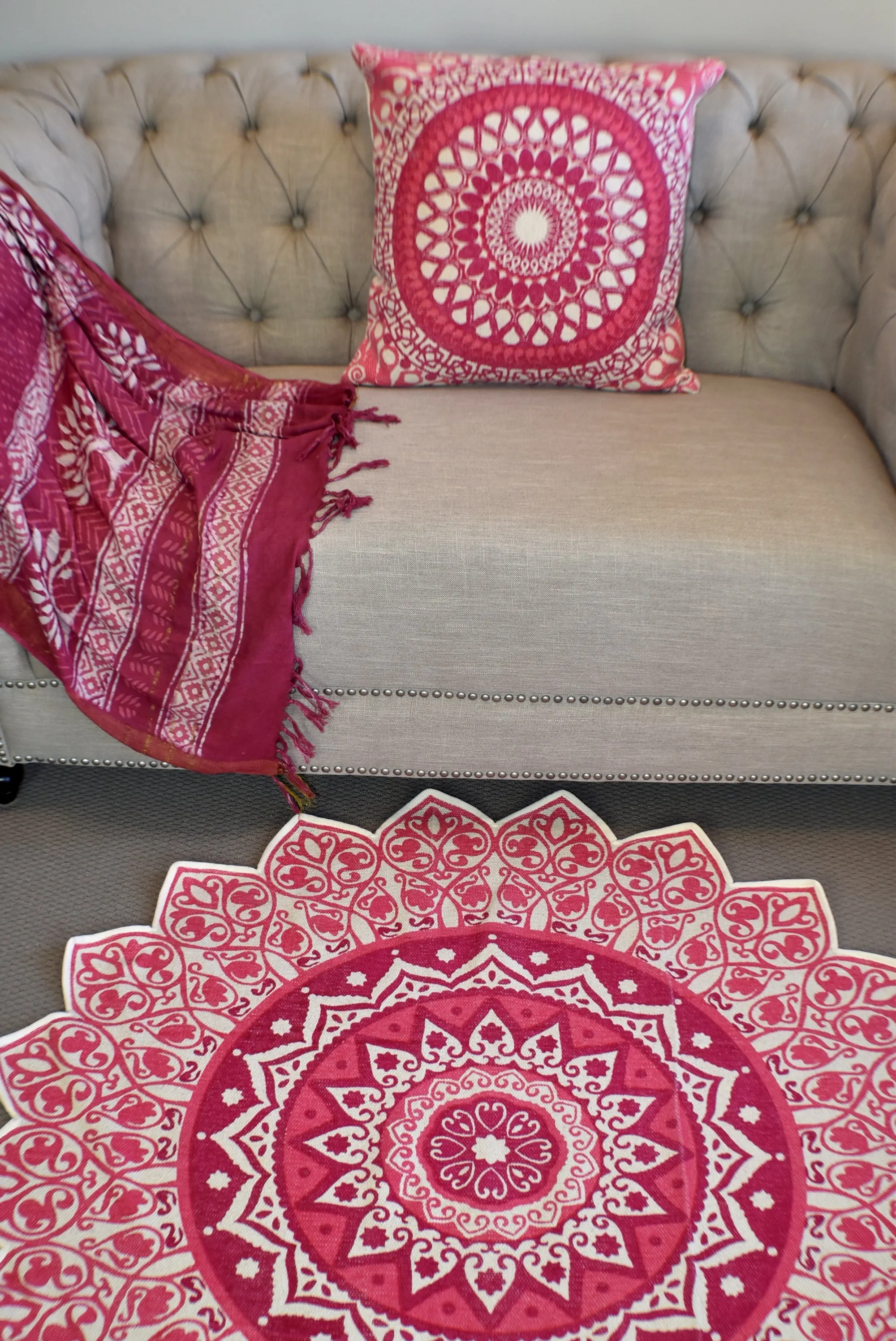 Handmade Pink Mandala Block Print Cotton Dhurrie Carpet Rug