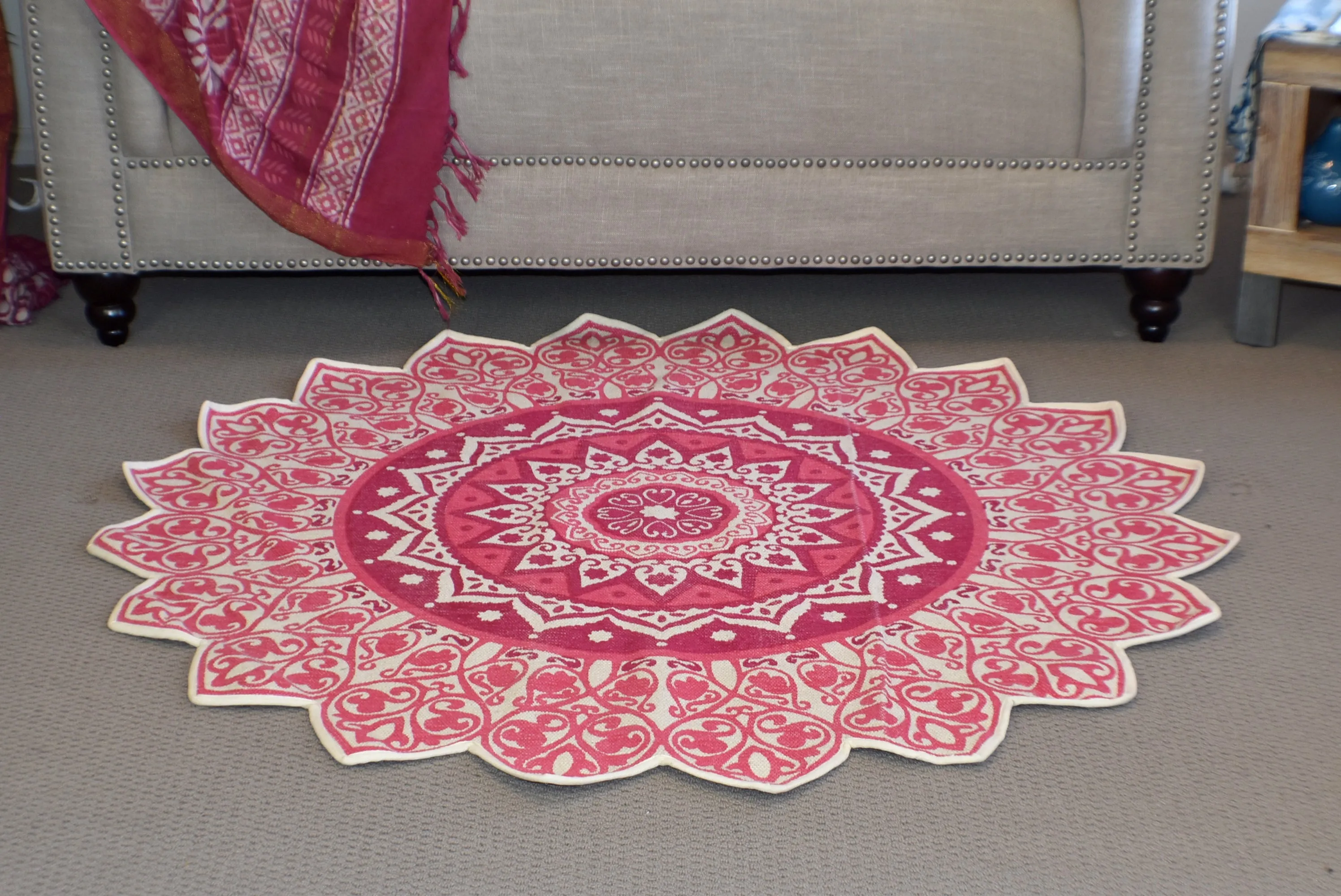 Handmade Pink Mandala Block Print Cotton Dhurrie Carpet Rug