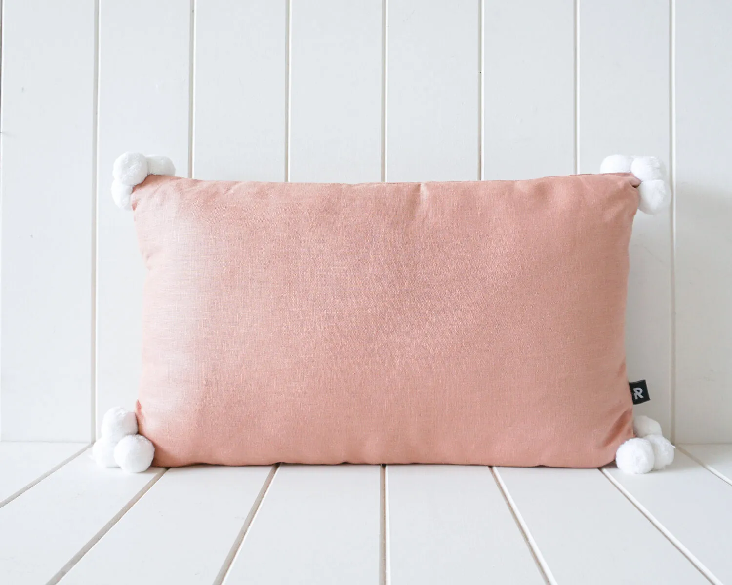 Linen Pom Pom Cushion - Dusty Rose and White - 50x30cm