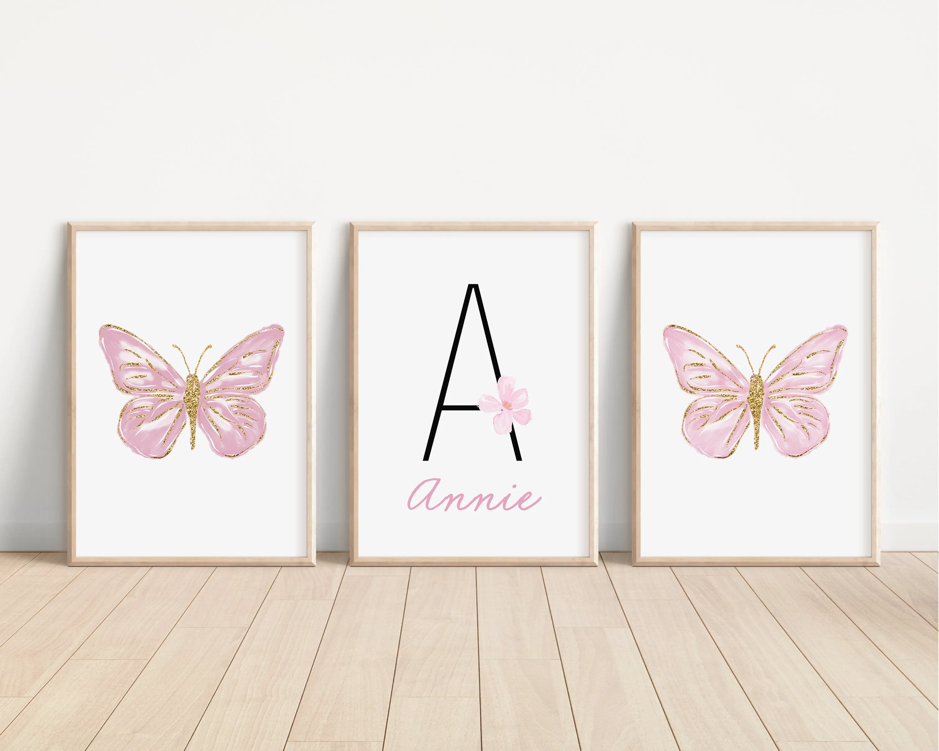 Personalized Pink Butterflies Set of 3 Nursery Art Prints, Butterfly Wall Art, Glitter Nursery Decor, Play Room, Girl Baby Room Ideas, 116