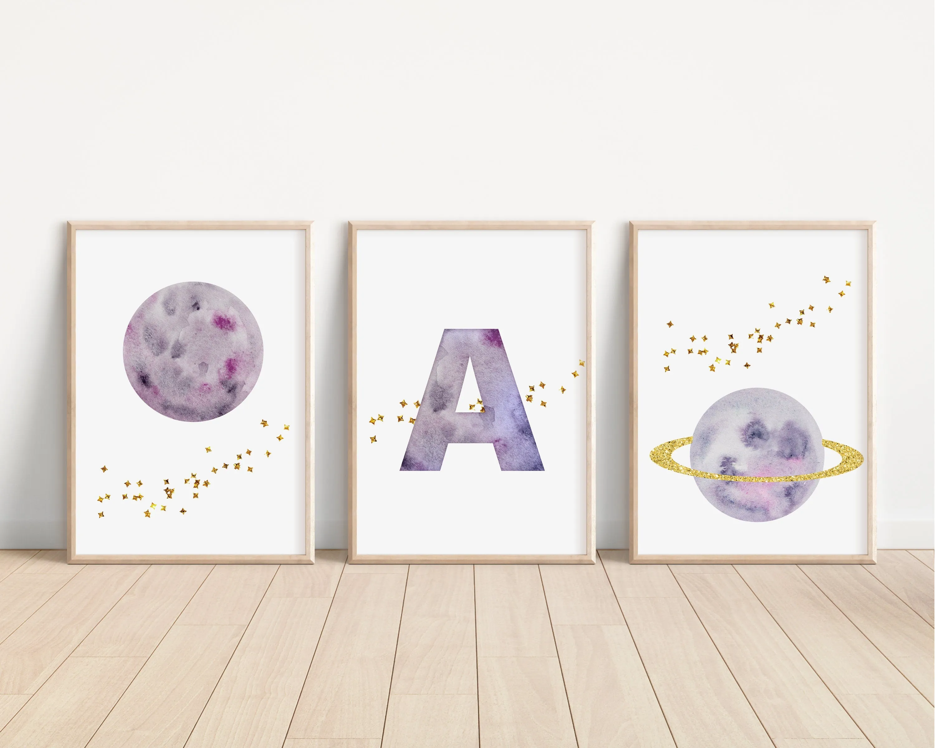 Personalized Purple Planet Set of 3 Nursery Art Prints, Wall Art, Galaxy Nursery Decor, Play Room, Girl space Baby Room Ideas, 137