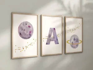 Personalized Purple Planet Set of 3 Nursery Art Prints, Wall Art, Galaxy Nursery Decor, Play Room, Girl space Baby Room Ideas, 137
