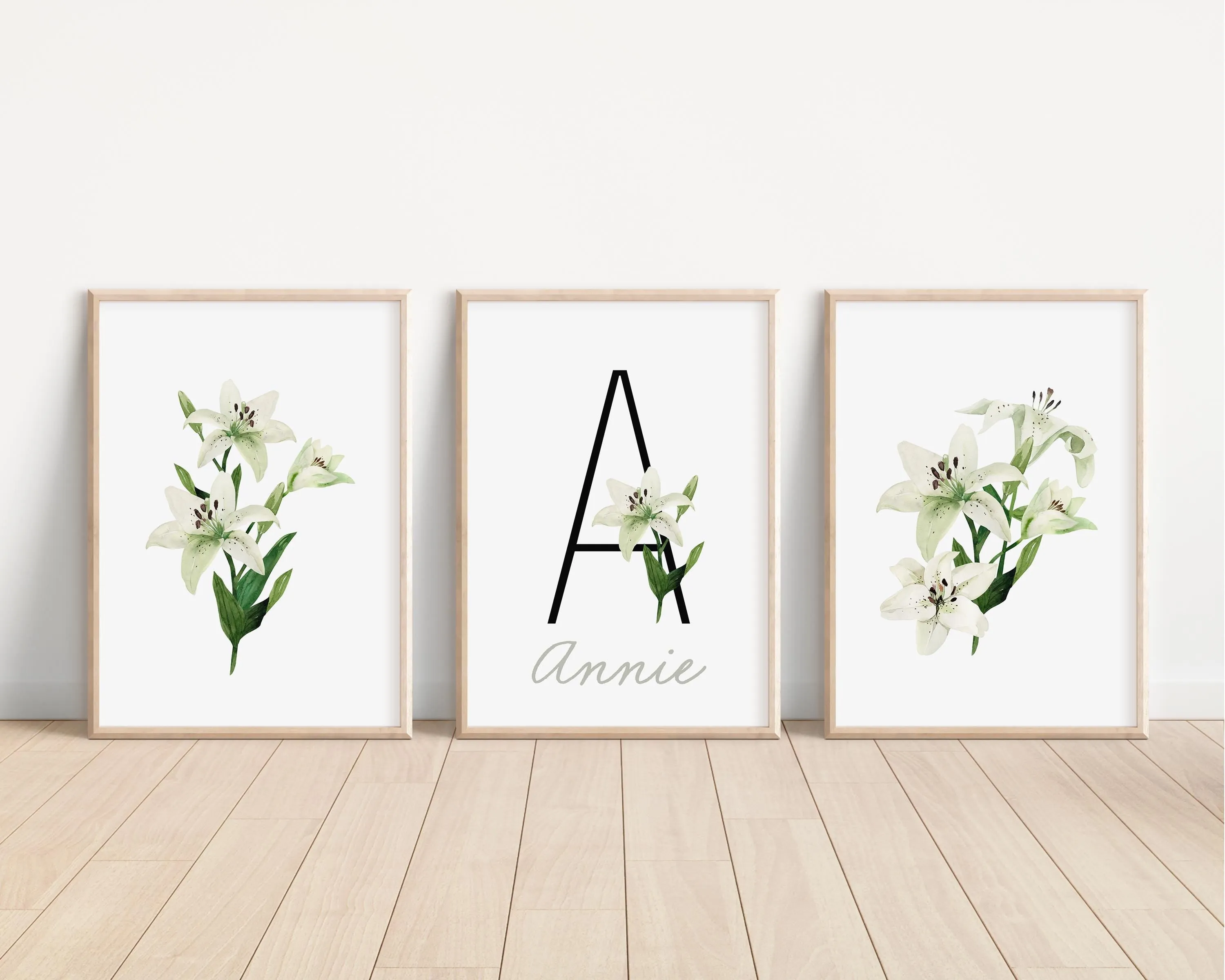 Personalized Set of White Lily Flower Art Prints, Wall Art, Bloom Bouquet, Nursery Decor, Play Room, Baby Room Ideas