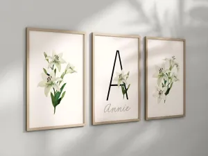 Personalized Set of White Lily Flower Art Prints, Wall Art, Bloom Bouquet, Nursery Decor, Play Room, Baby Room Ideas