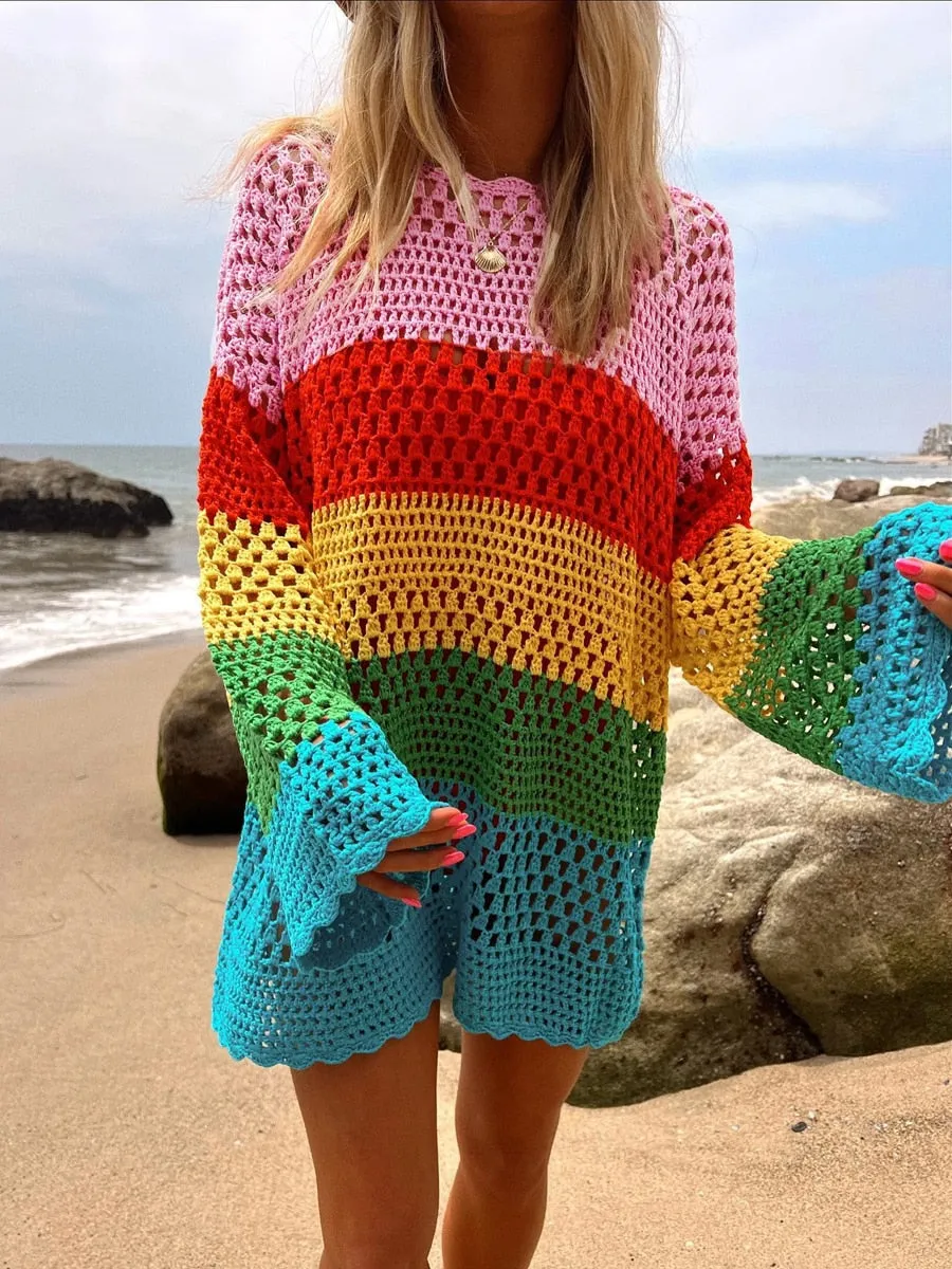 Pull tunique crochet Bohme arc-en-ciel.