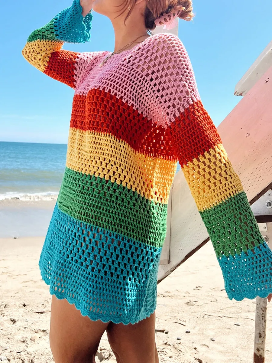 Pull tunique crochet Bohme arc-en-ciel.