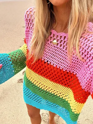 Pull tunique crochet Bohme arc-en-ciel.